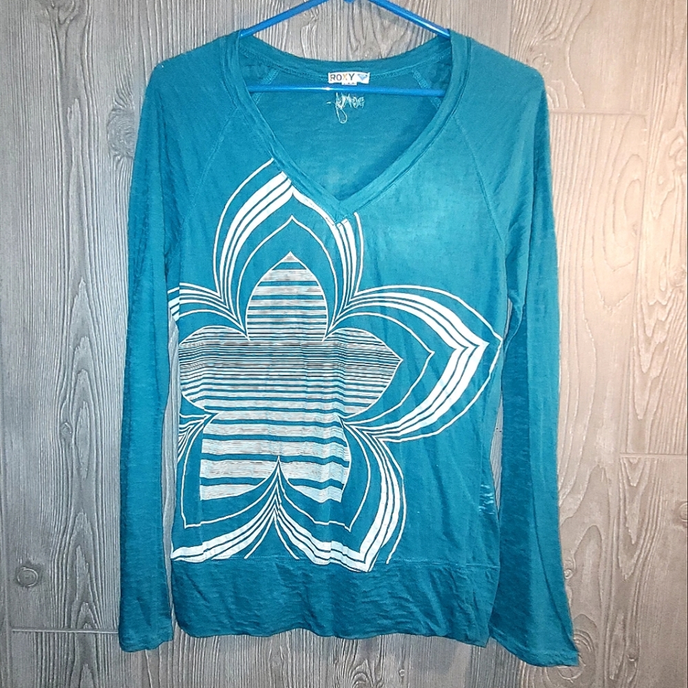 Roxy Blue Long Sleeve Flower Shirt- LG